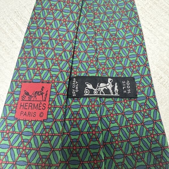 Hermes Silk Tie Style 7149 HA Green Blue Red Geometric - Picture 4 of 10